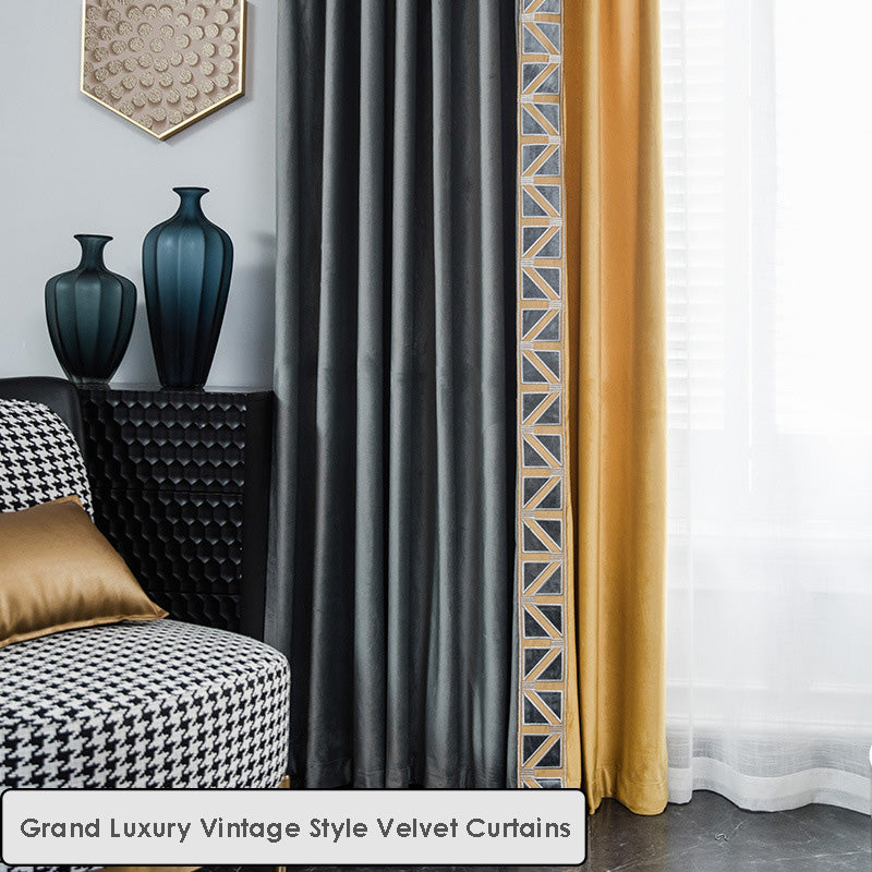Grand Luxury Vintage Style Velvet Blackout Patchwork with Trim Curtains