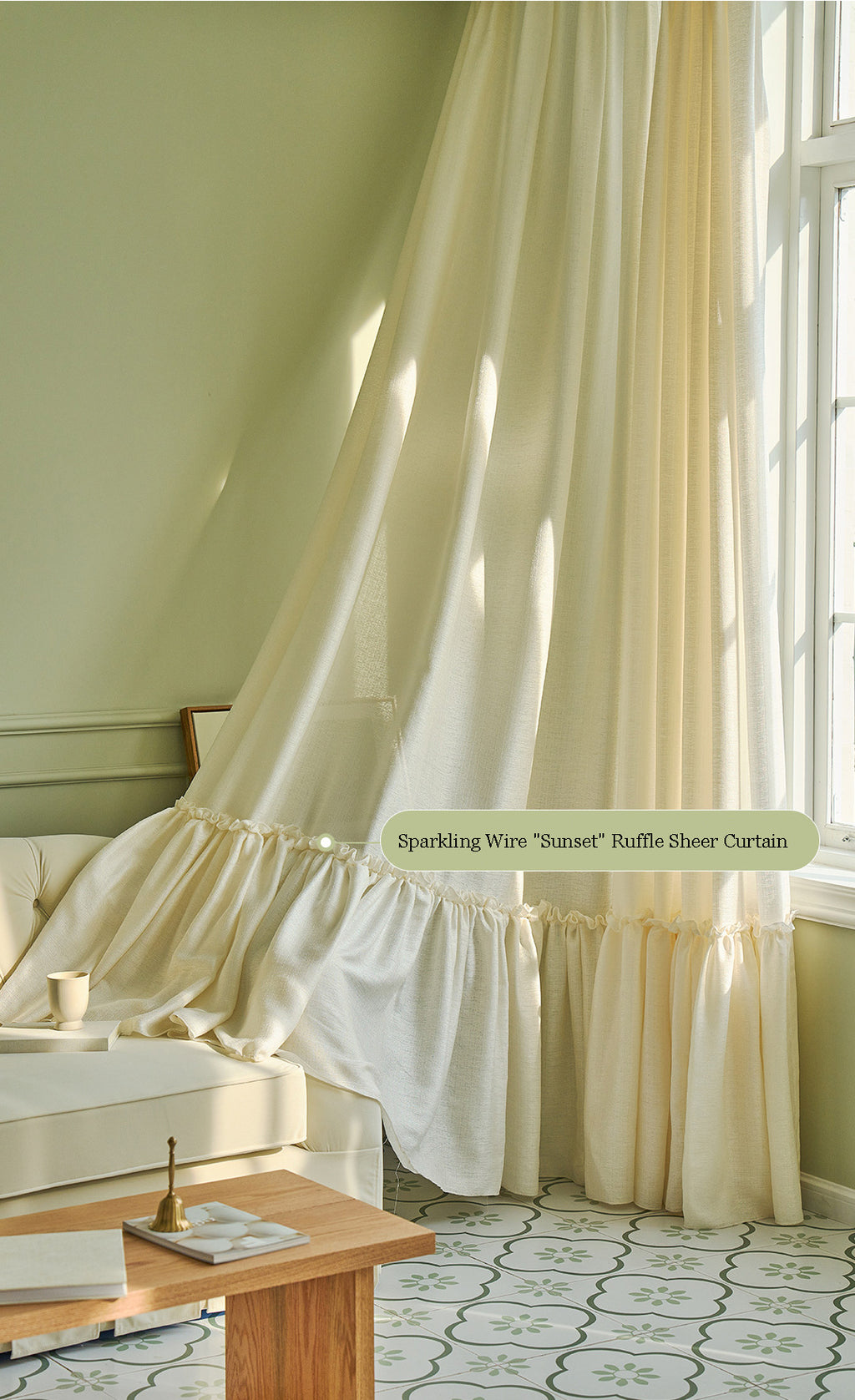 Sparkling Wire "Sunset" Ruffle Sheer Curtain, Luxury High Gloss Glitter Powder Tulle Champagne Gold Color Tulle, Ruffled Laced Curtain