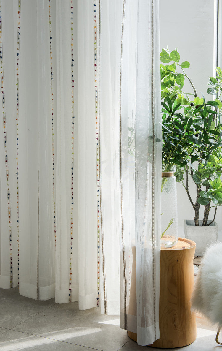 Colorful Woven Stripes Linen Texture Sheer Curtain