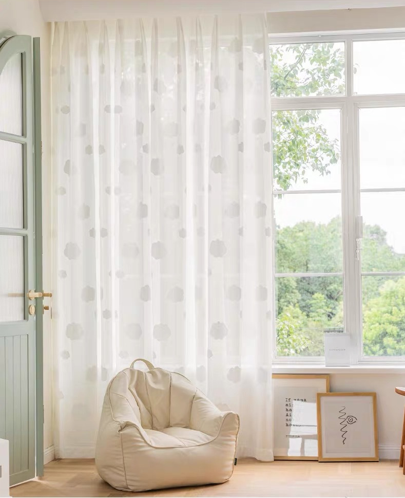 Kid Style White Cloud Embroidery Sheer Curtains, Kids Bedroom Curtain, Gray Curtain, Custom Made Sheer Voile Tulle Curtain