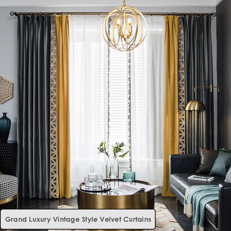 Grand Luxury Vintage Style Velvet Blackout Patchwork with Trim Curtains