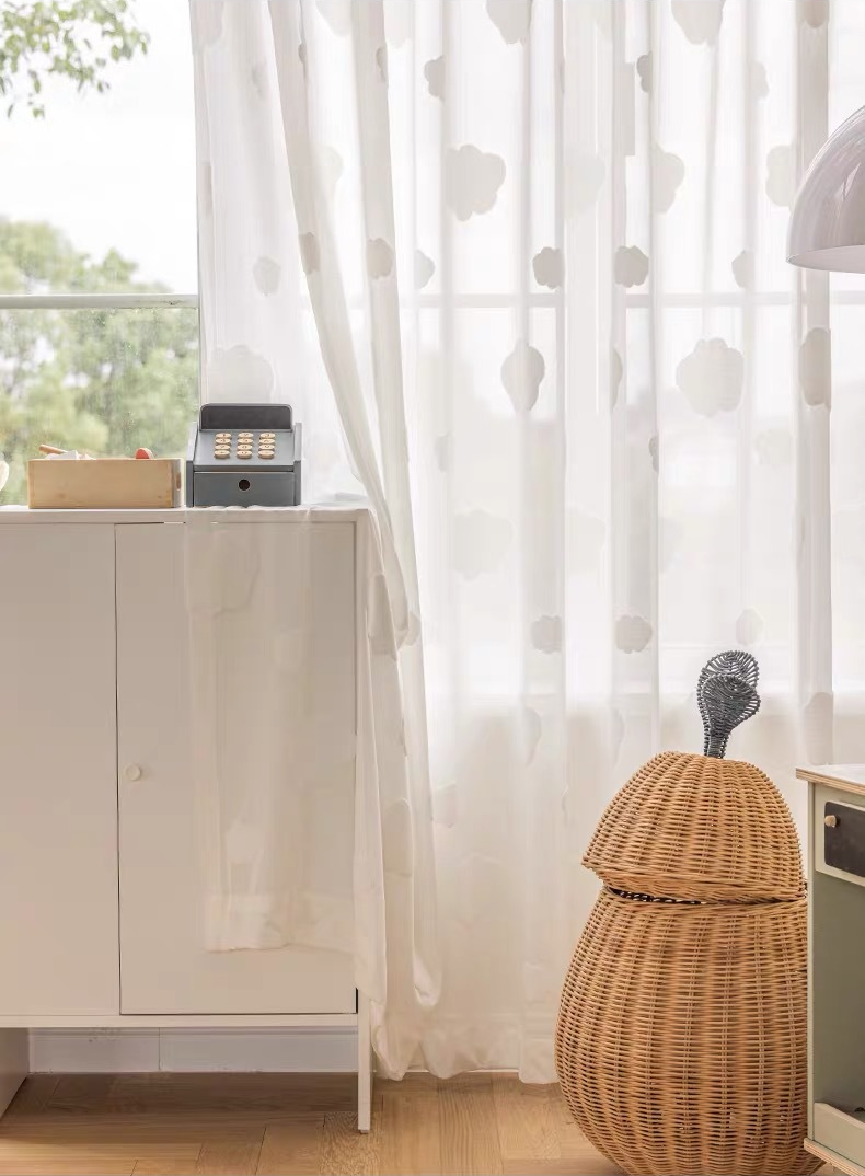 Kid Style White Cloud Embroidery Sheer Curtains, Kids Bedroom Curtain, Gray Curtain, Custom Made Sheer Voile Tulle Curtain