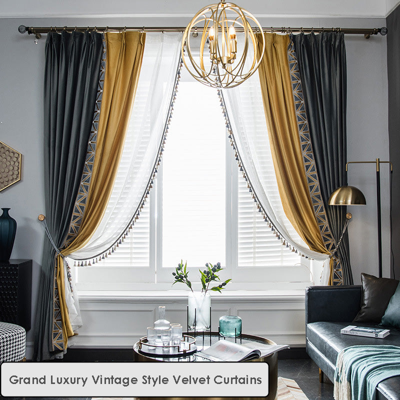 Grand Luxury Vintage Style Velvet Blackout Patchwork with Trim Curtains