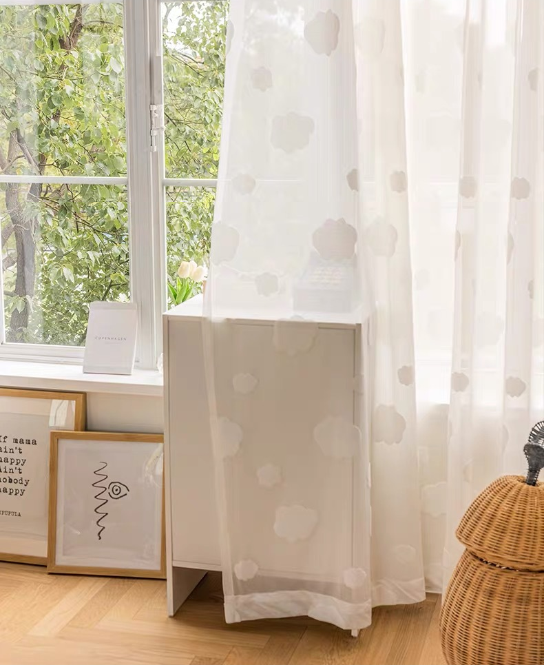 Kid Style White Cloud Embroidery Sheer Curtains, Kids Bedroom Curtain, Gray Curtain, Custom Made Sheer Voile Tulle Curtain