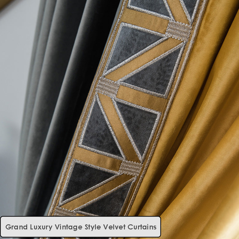 Grand Luxury Vintage Style Velvet Blackout Patchwork with Trim Curtains