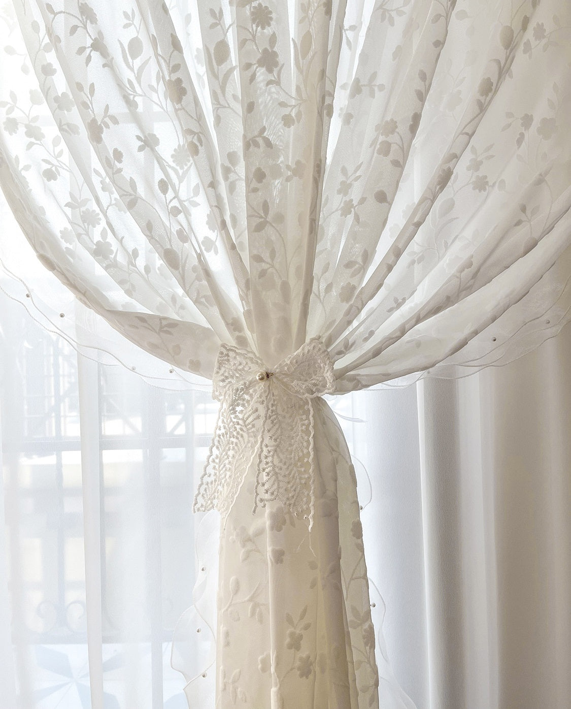 Flower Embroidery Sheer Curtain with White Wave Lace Edge, Wedding Lace Edge Decoration Voile Tulle, Romance Embroidery Sheer Laced Curtain