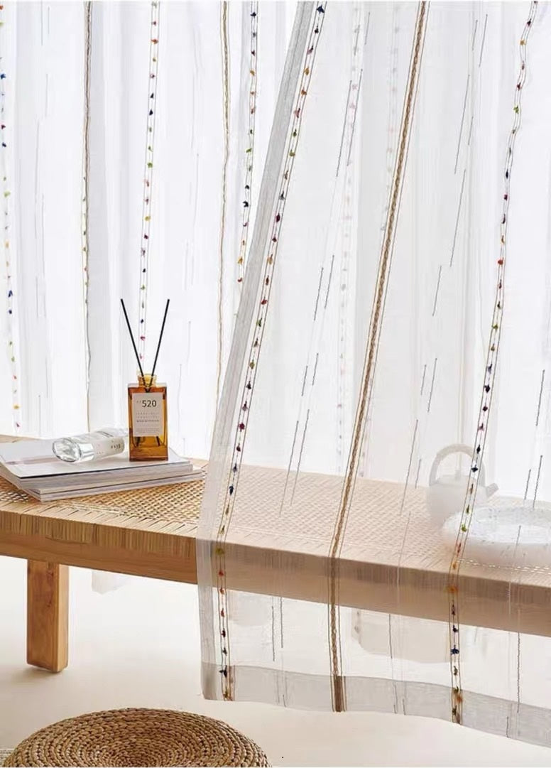 Colorful Woven Stripes Linen Texture Sheer Curtain