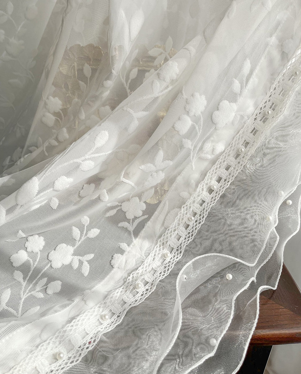 Flower Embroidery Sheer Curtain with White Wave Lace Edge, Wedding Lace Edge Decoration Voile Tulle, Romance Embroidery Sheer Laced Curtain