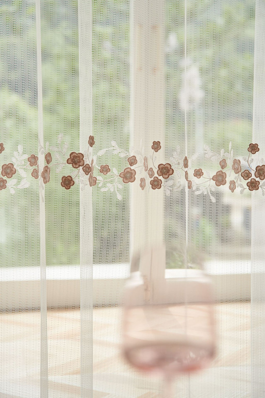 Embroidery Flower with Patterned Bottom Edge Sheer Curtain (Pink Flower)