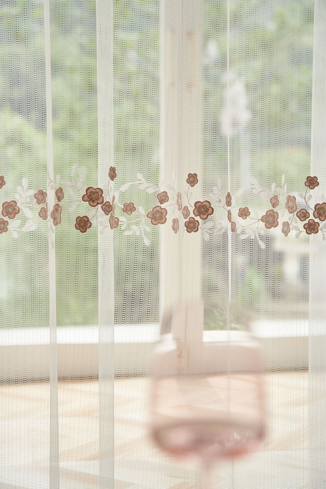 Embroidery Flower with Patterned Bottom Edge Sheer Curtain (Pink Flower)