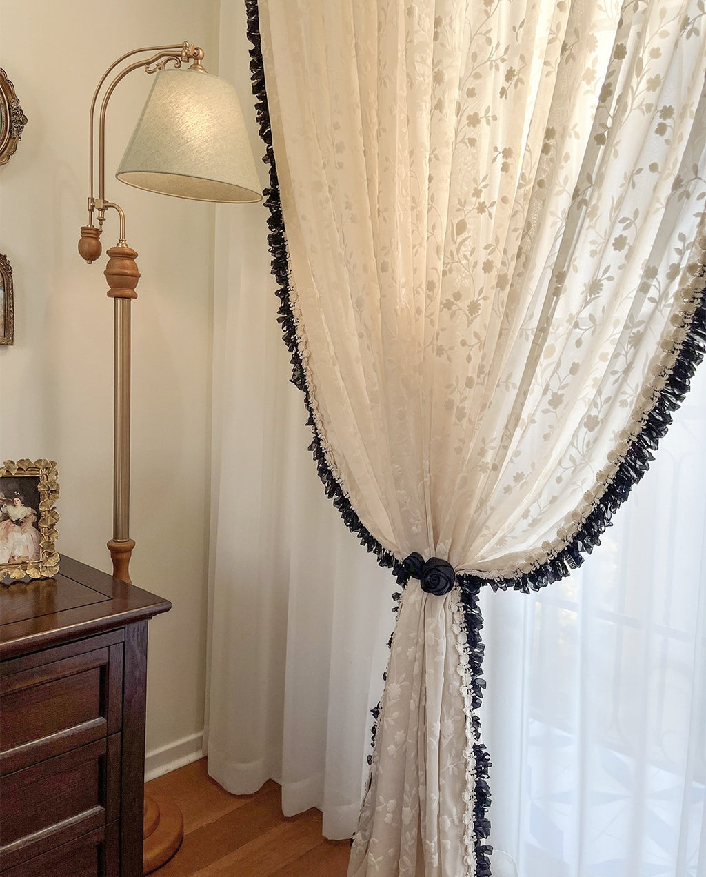 Flower Embroidery Sheer Curtain with Embroidery Lace Edge, Wedding Decoration Voile Tulle, Romance Embroidery Sheer Laced Curtain