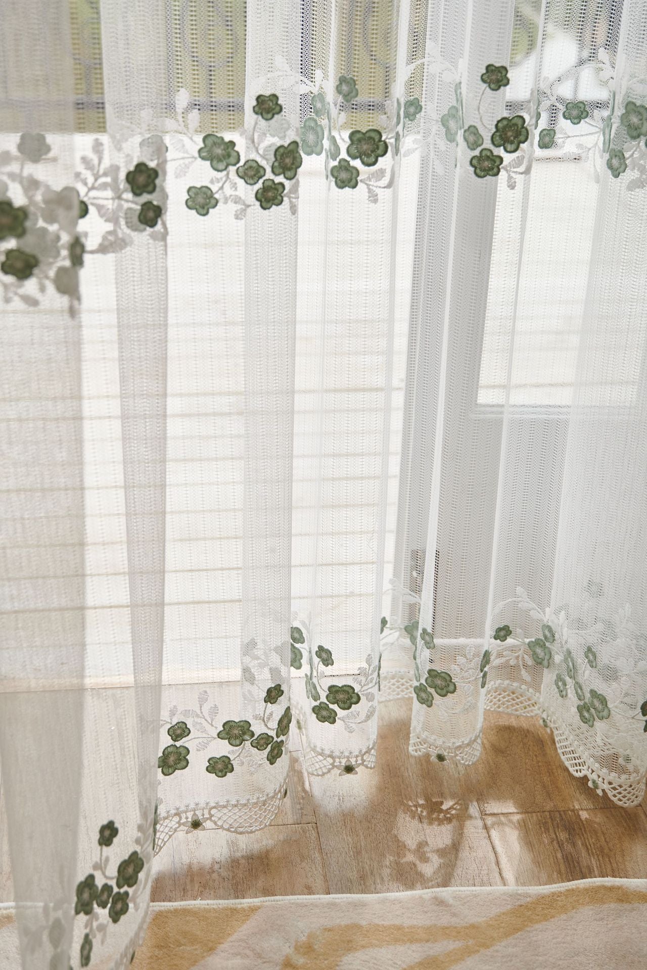 Embroidery Flower with Patterned Bottom Edge Sheer Curtain (Light Blue Flower)