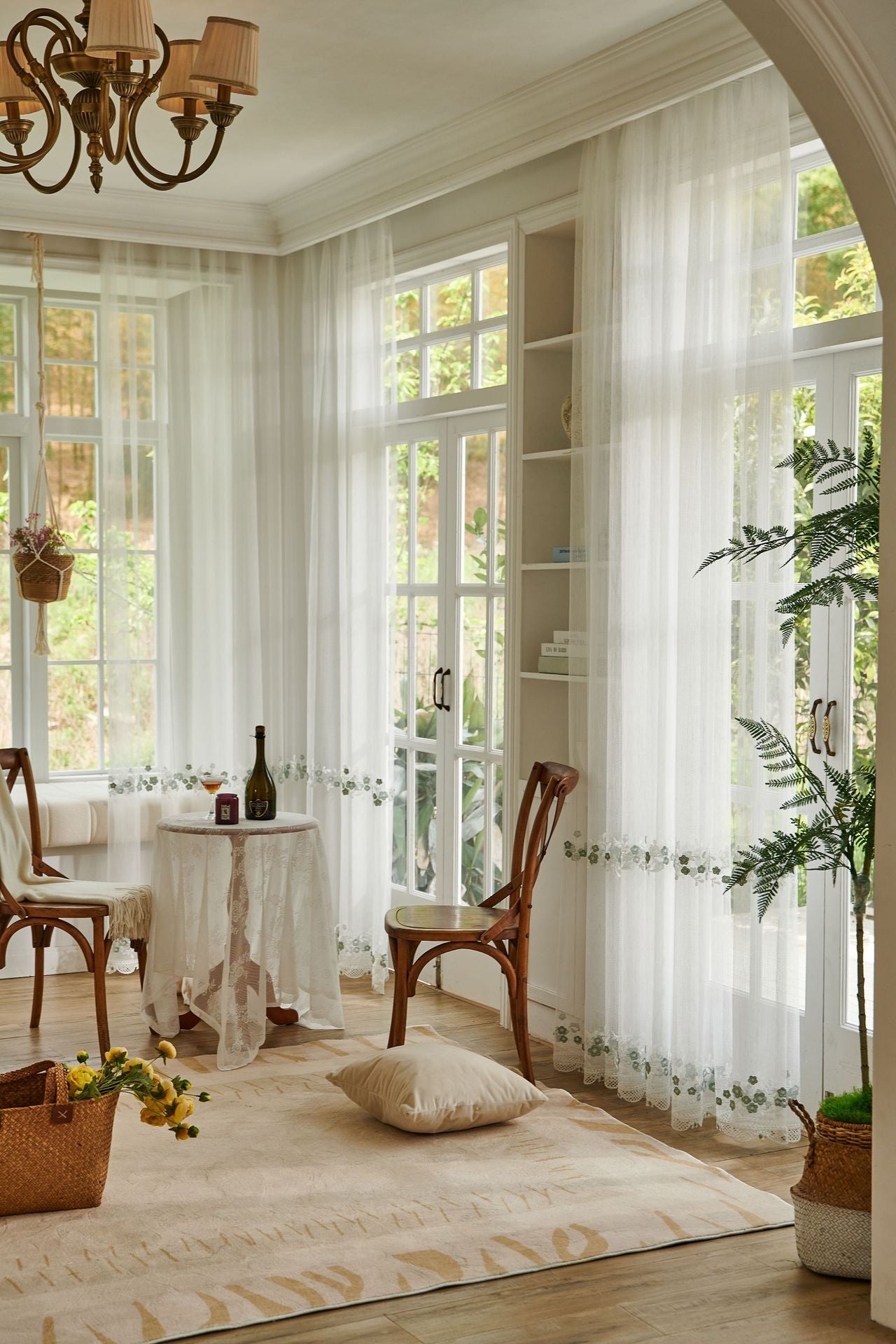 Embroidery Flower with Patterned Bottom Edge Sheer Curtain (Light Blue Flower)