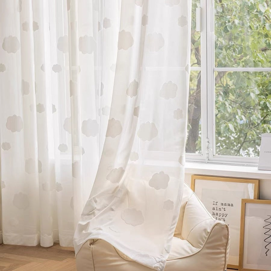 Kid Style White Cloud Embroidery Sheer Curtains, Kids Bedroom Curtain, Gray Curtain, Custom Made Sheer Voile Tulle Curtain