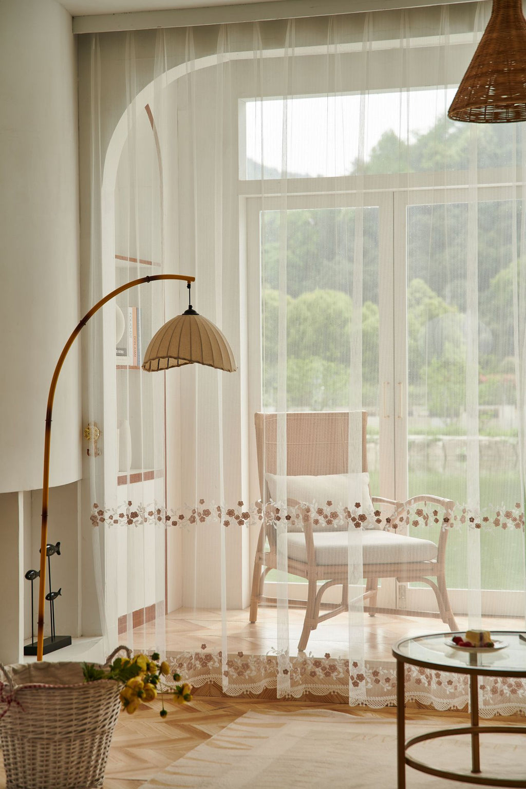 Embroidery Flower with Patterned Bottom Edge Sheer Curtain (Pink Flower)