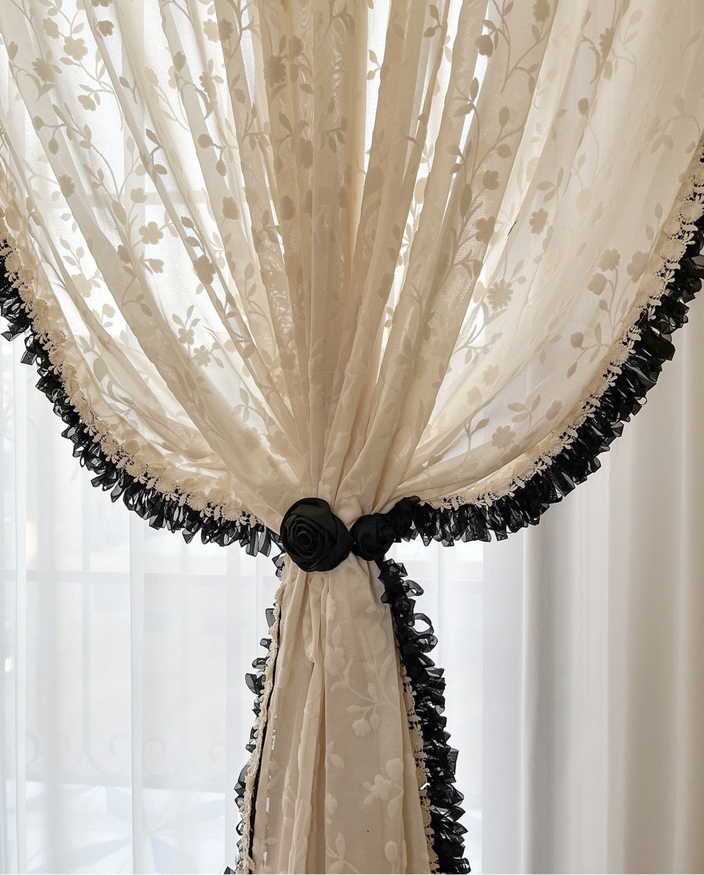 Flower Embroidery Sheer Curtain with Embroidery Lace Edge, Wedding Decoration Voile Tulle, Romance Embroidery Sheer Laced Curtain