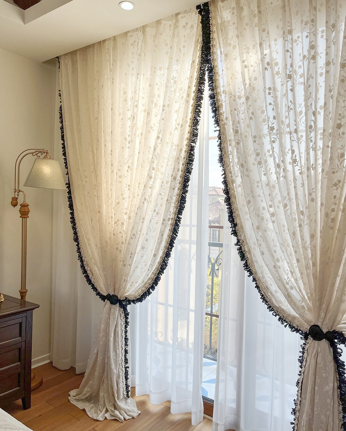 Flower Embroidery Sheer Curtain with Embroidery Lace Edge, Wedding Decoration Voile Tulle, Romance Embroidery Sheer Laced Curtain