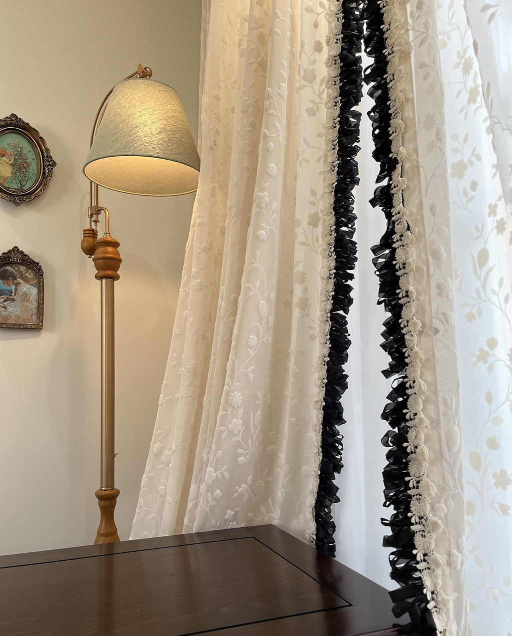 Flower Embroidery Sheer Curtain with Embroidery Lace Edge, Wedding Decoration Voile Tulle, Romance Embroidery Sheer Laced Curtain