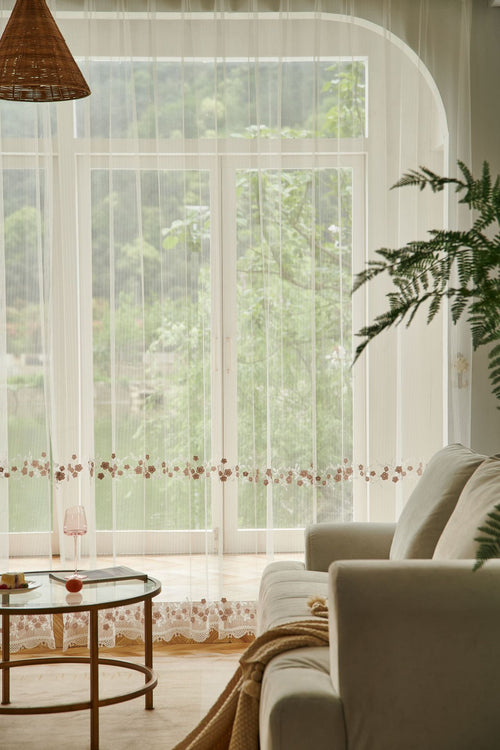 Embroidery Flower with Patterned Bottom Edge Sheer Curtain (Pink Flower)