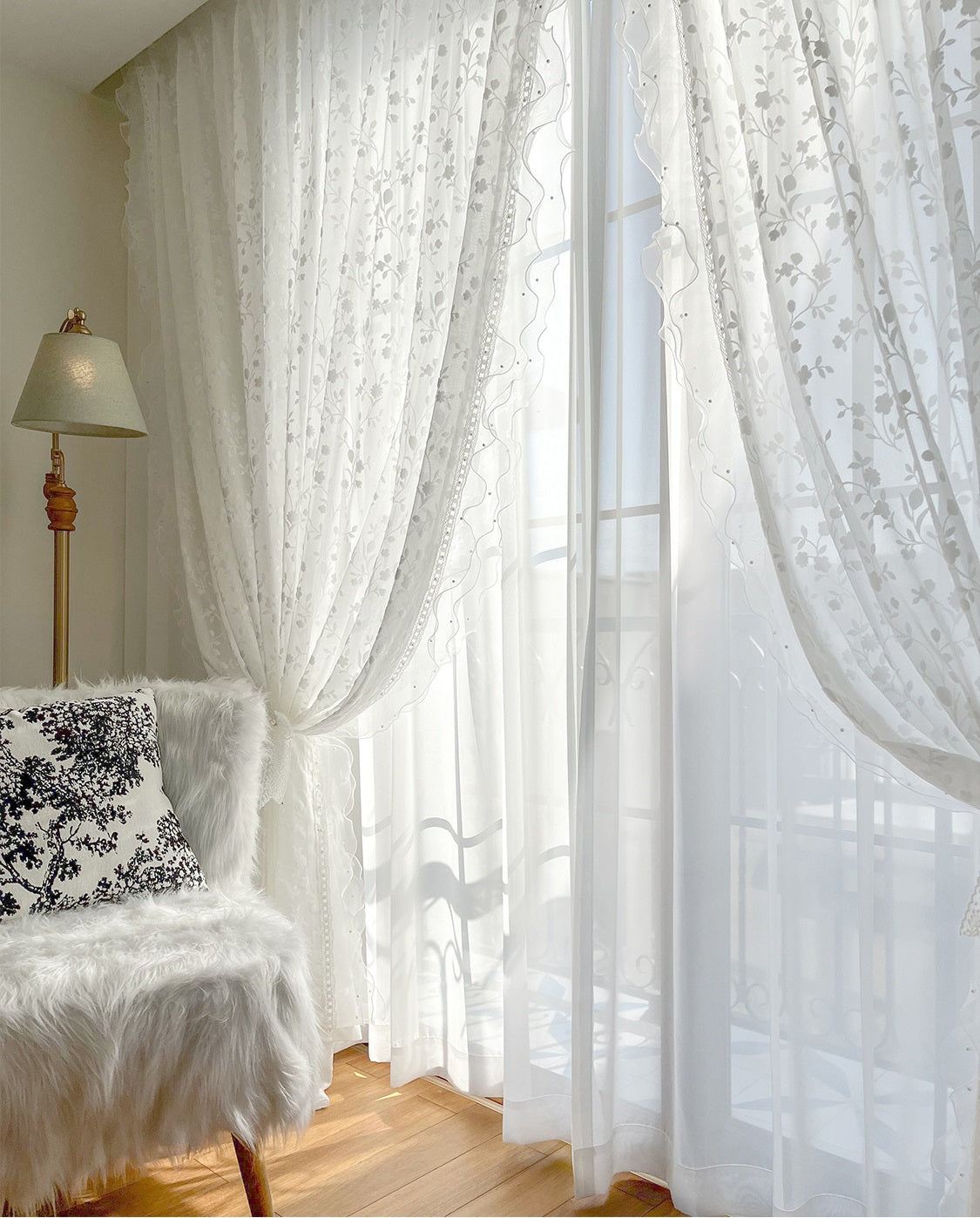 Flower Embroidery Sheer Curtain with White Wave Lace Edge, Wedding Lace Edge Decoration Voile Tulle, Romance Embroidery Sheer Laced Curtain