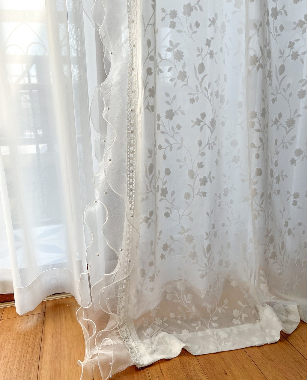 Flower Embroidery Sheer Curtain with White Wave Lace Edge, Wedding Lace Edge Decoration Voile Tulle, Romance Embroidery Sheer Laced Curtain