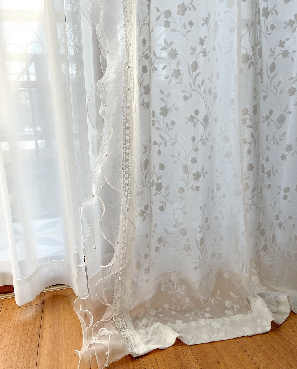 Flower Embroidery Sheer Curtain with White Wave Lace Edge, Wedding Lace Edge Decoration Voile Tulle, Romance Embroidery Sheer Laced Curtain