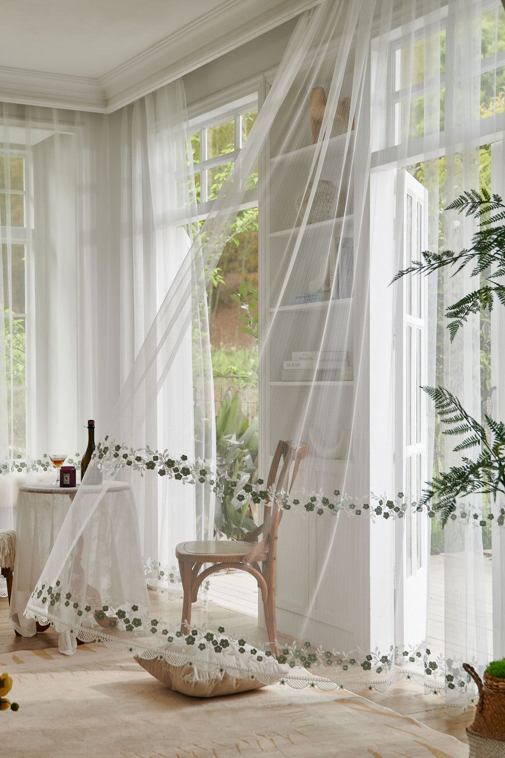 Embroidery Flower with Patterned Bottom Edge Sheer Curtain (Light Blue Flower)