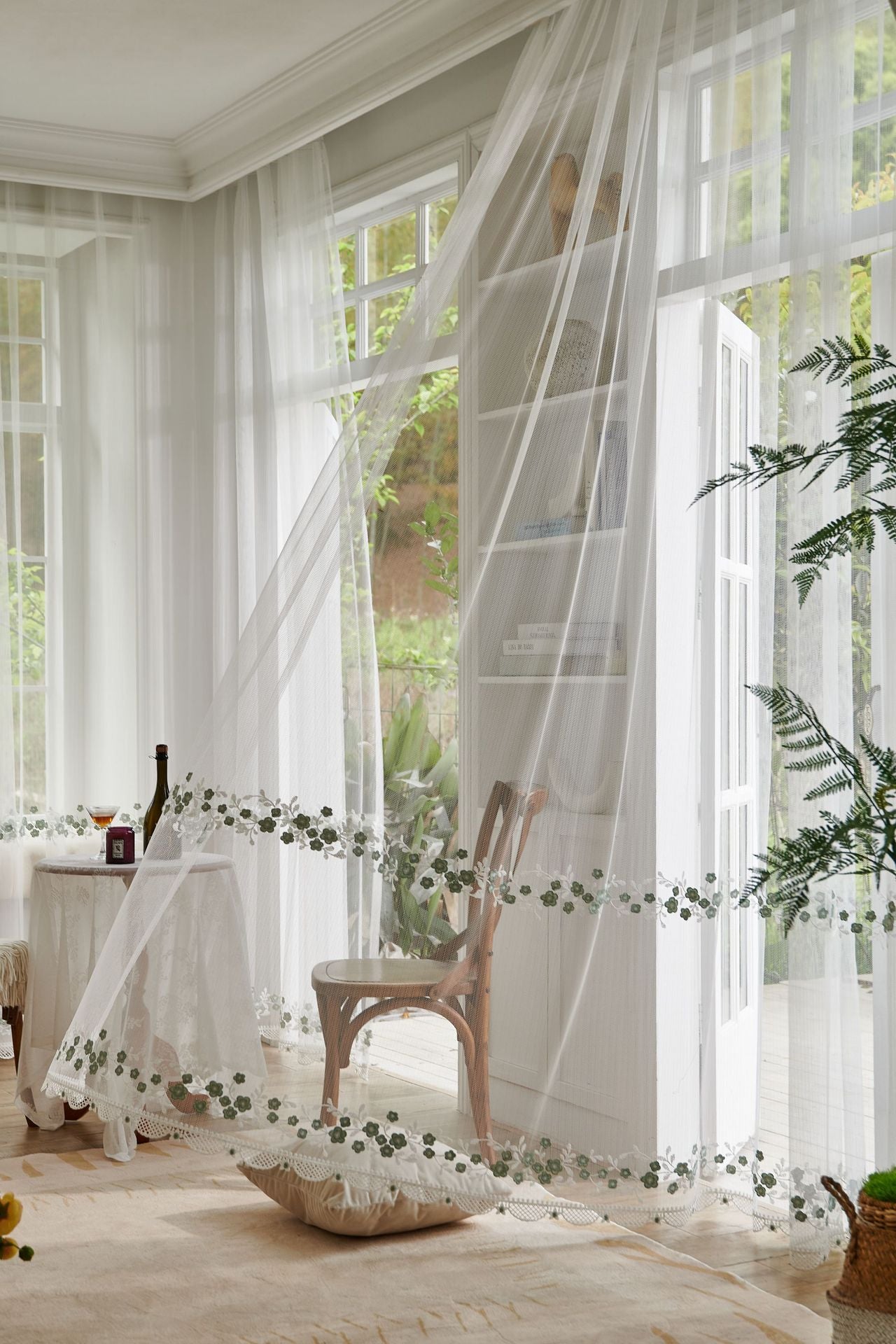 Embroidery Flower with Patterned Bottom Edge Sheer Curtain (Light Blue Flower)