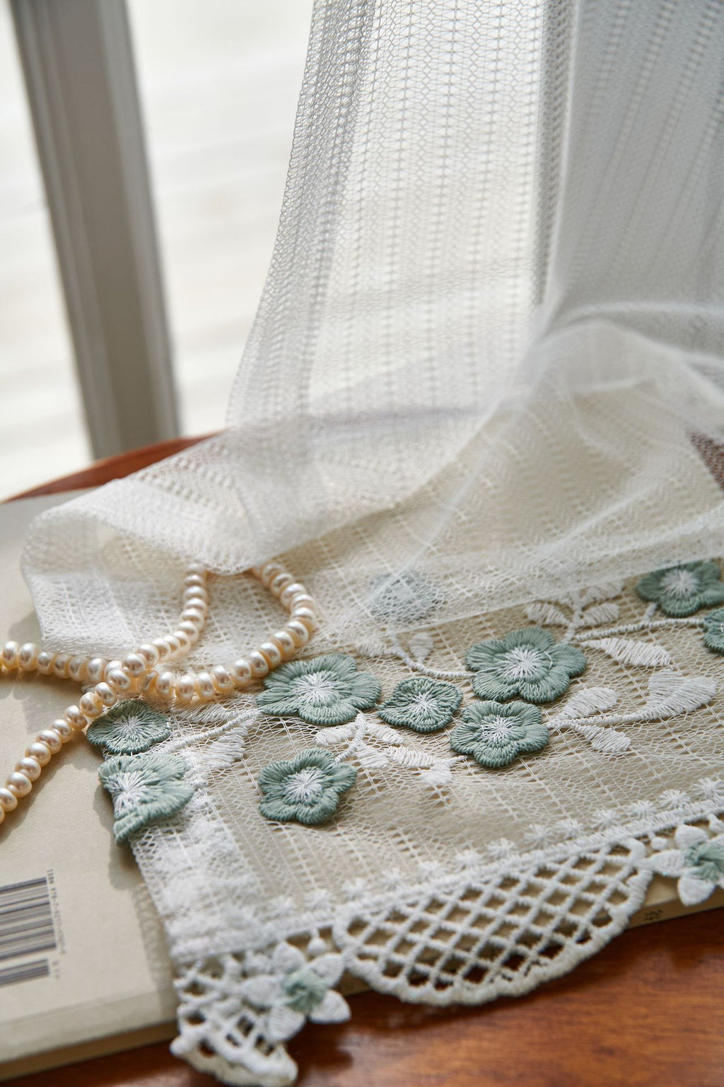 Embroidery Flower with Patterned Bottom Edge Sheer Curtain (Light Blue Flower)