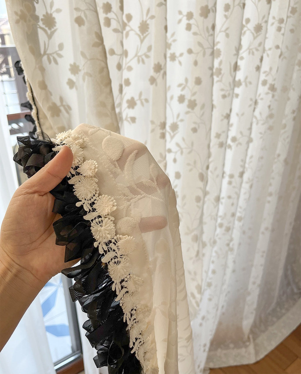 Flower Embroidery Sheer Curtain with Embroidery Lace Edge, Wedding Decoration Voile Tulle, Romance Embroidery Sheer Laced Curtain