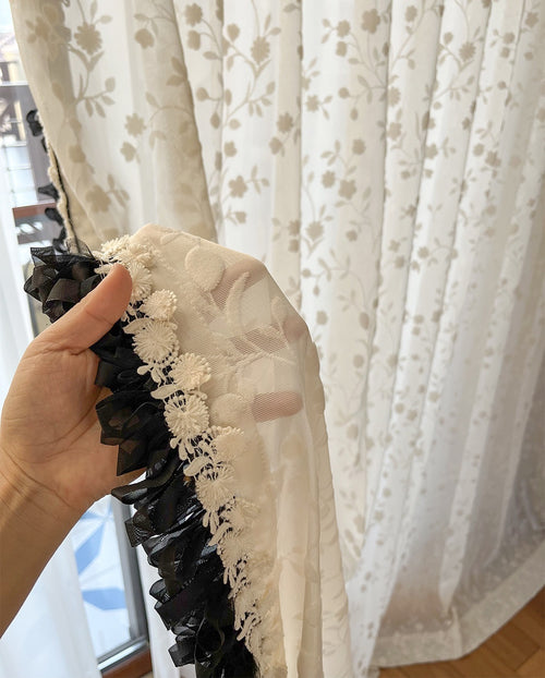 Flower Embroidery Sheer Curtain with Embroidery Lace Edge, Wedding Decoration Voile Tulle, Romance Embroidery Sheer Laced Curtain
