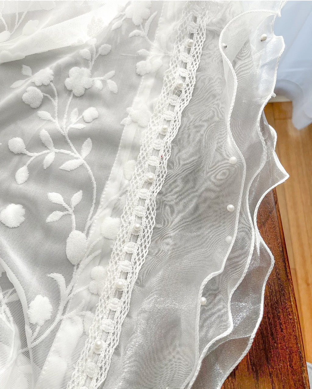 Flower Embroidery Sheer Curtain with White Wave Lace Edge, Wedding Lace Edge Decoration Voile Tulle, Romance Embroidery Sheer Laced Curtain