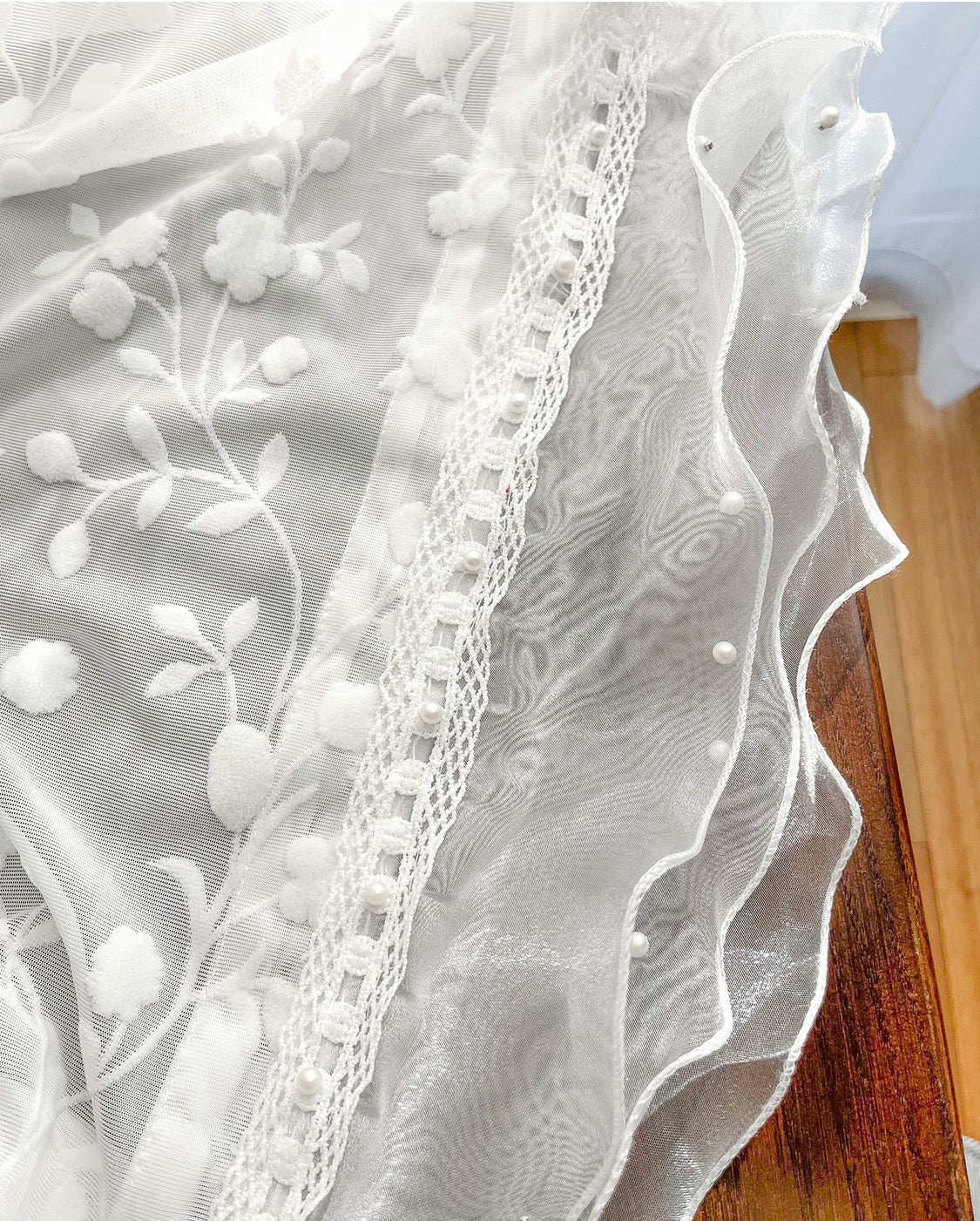 Flower Embroidery Sheer Curtain with White Wave Lace Edge, Wedding Lace Edge Decoration Voile Tulle, Romance Embroidery Sheer Laced Curtain