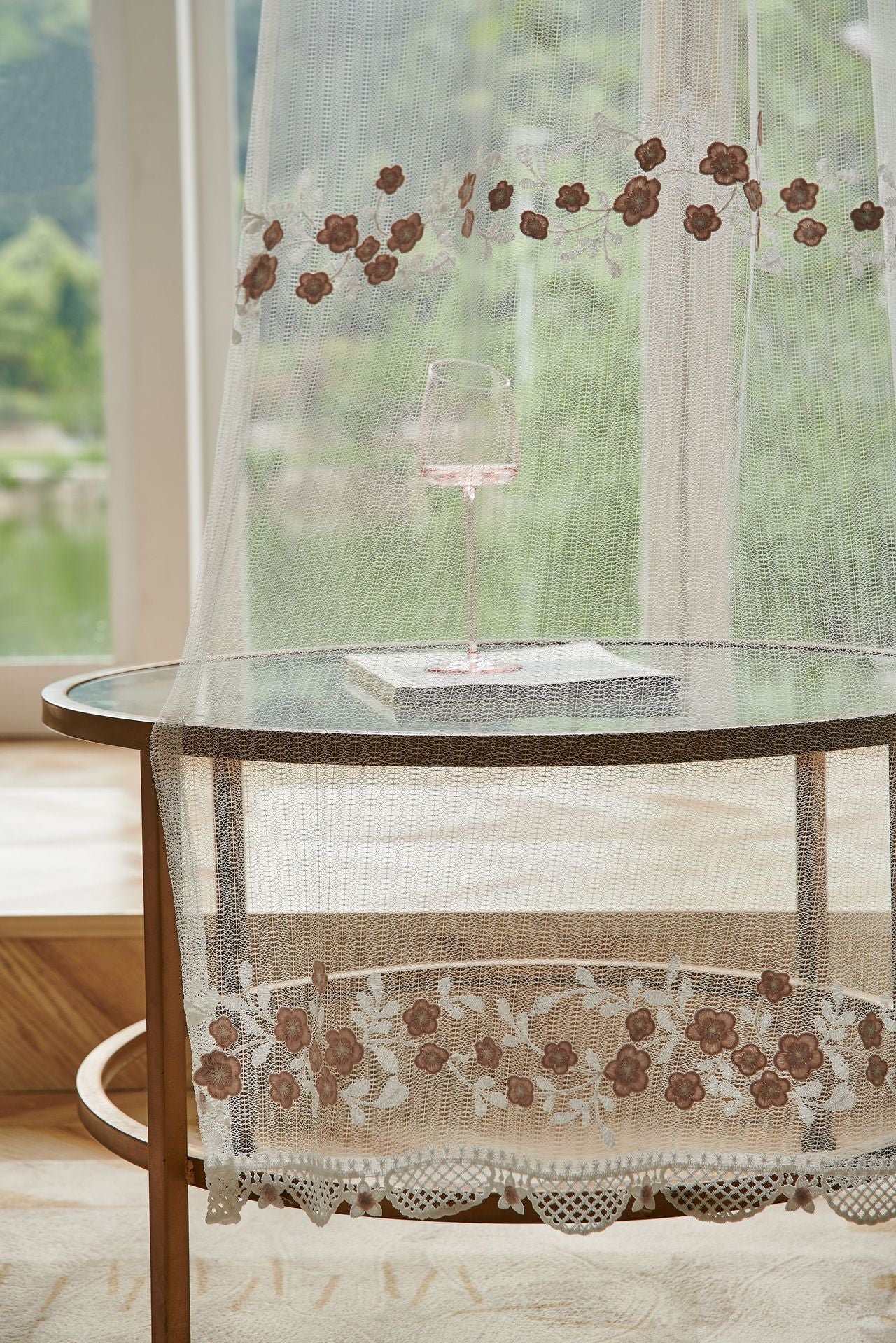 Embroidery Flower with Patterned Bottom Edge Sheer Curtain (Pink Flower)