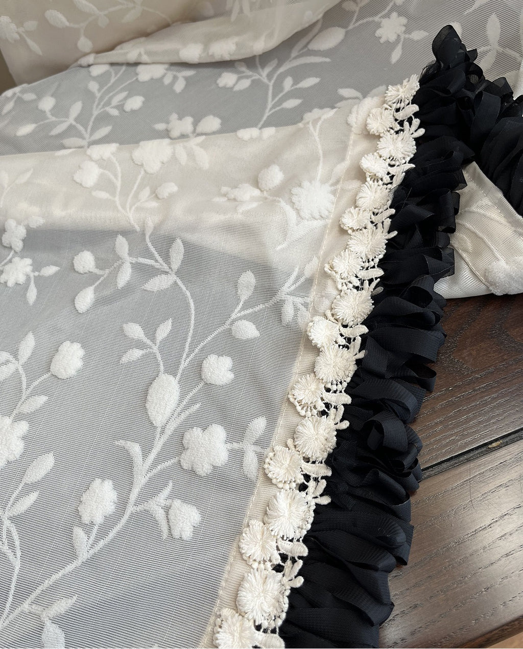 Flower Embroidery Sheer Curtain with Embroidery Lace Edge, Wedding Decoration Voile Tulle, Romance Embroidery Sheer Laced Curtain