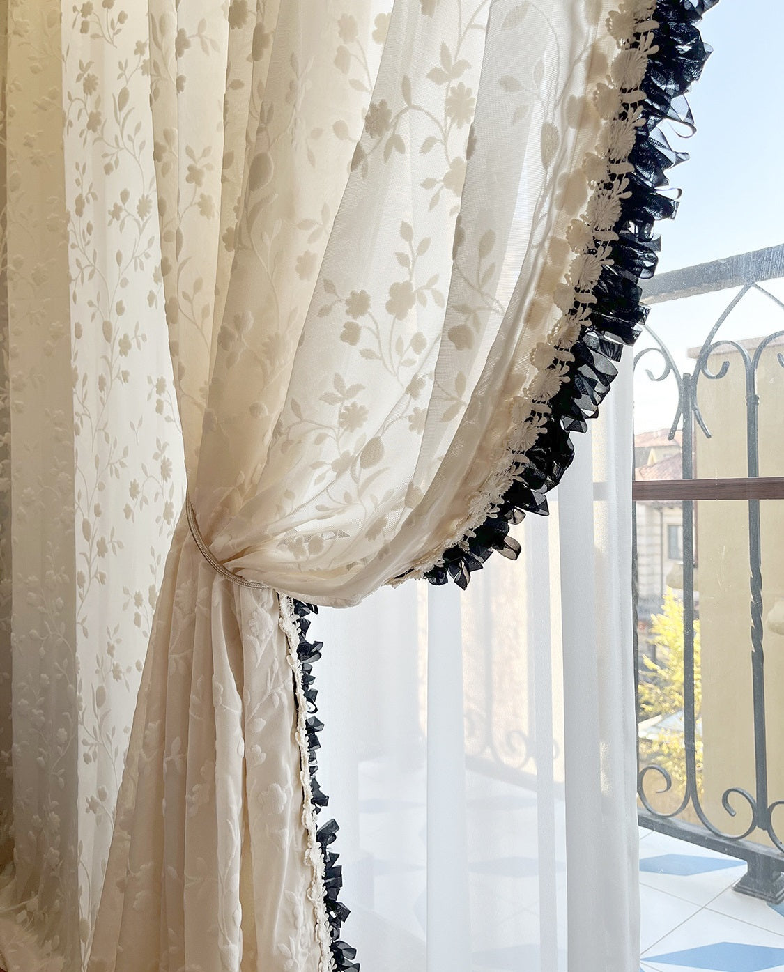 Flower Embroidery Sheer Curtain with Embroidery Lace Edge, Wedding Decoration Voile Tulle, Romance Embroidery Sheer Laced Curtain