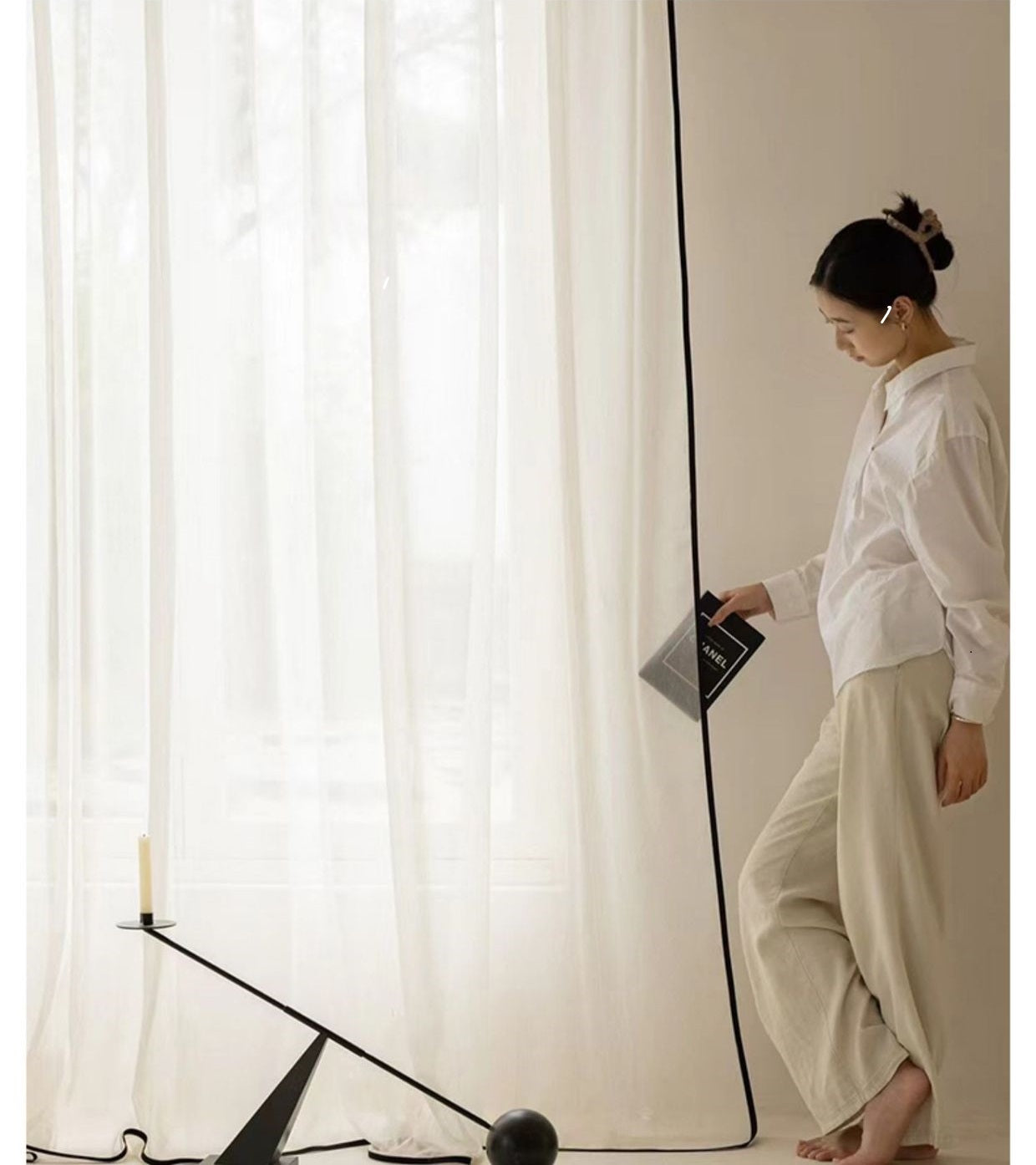 Custom Linen Pattern Sheer Curtain with Black Edge