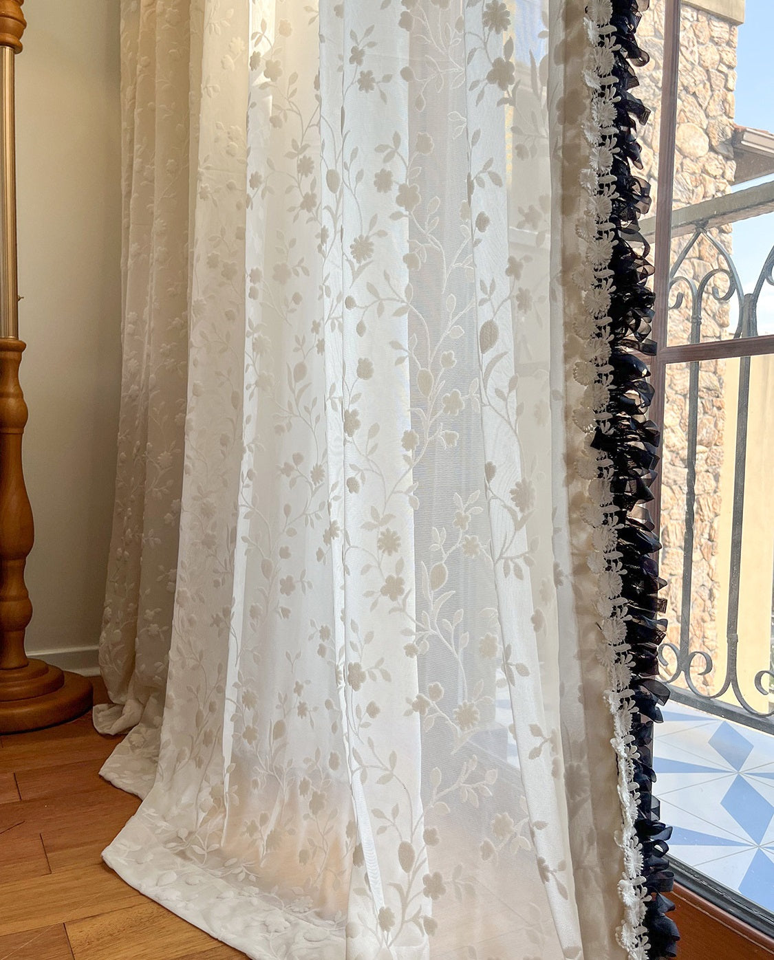 Flower Embroidery Sheer Curtain with Embroidery Lace Edge, Wedding Decoration Voile Tulle, Romance Embroidery Sheer Laced Curtain