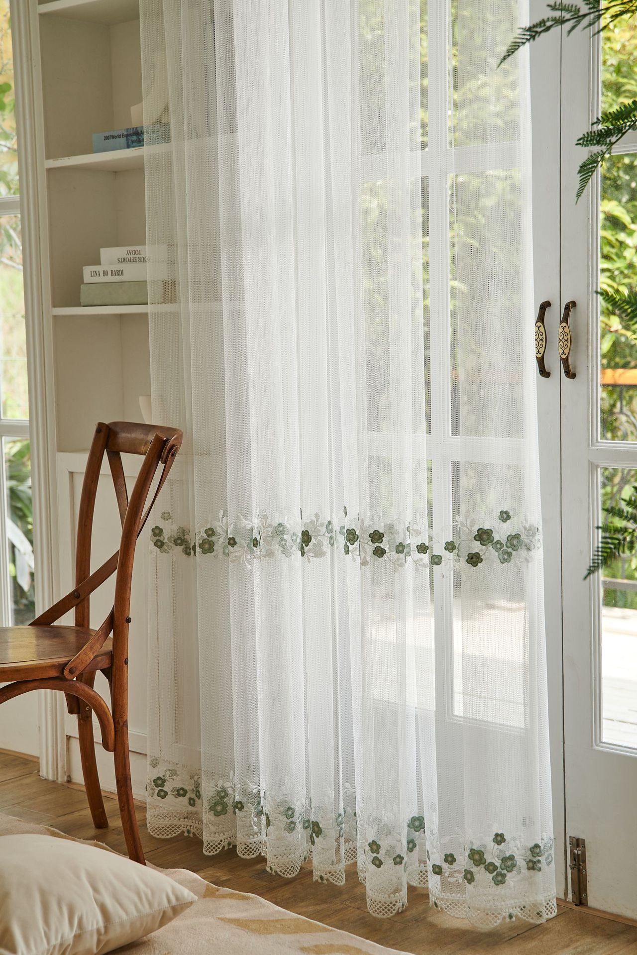 Embroidery Flower with Patterned Bottom Edge Sheer Curtain (Light Blue Flower)