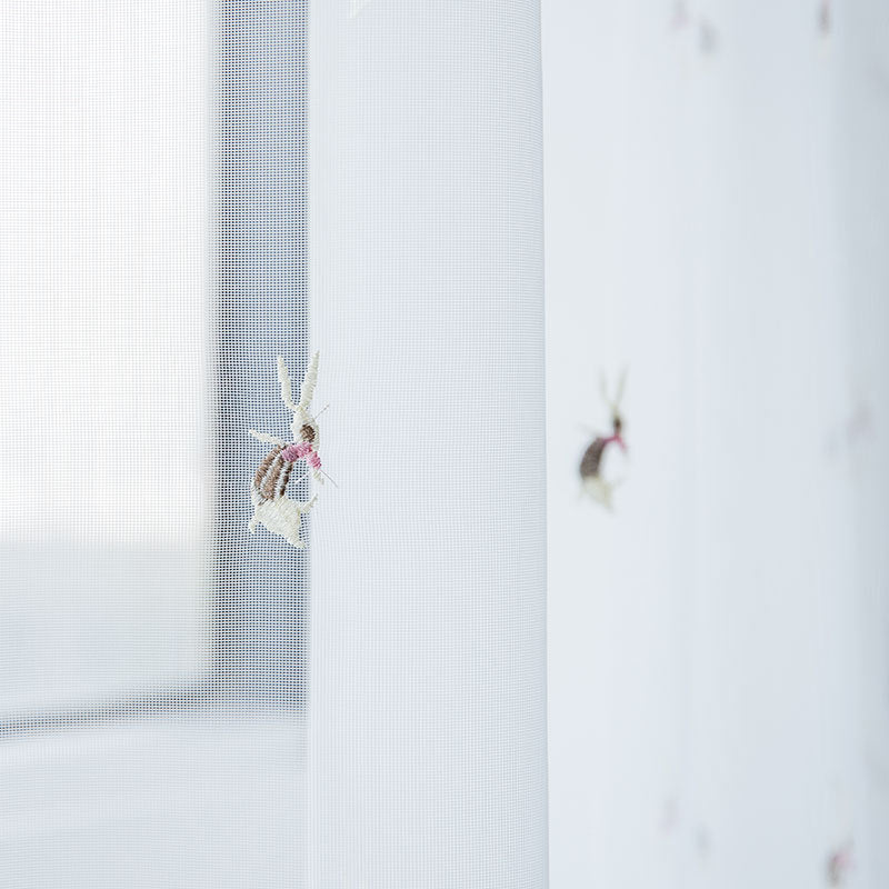 Sleeping Tiny Bunnies Embroidery White Sheer Curtain